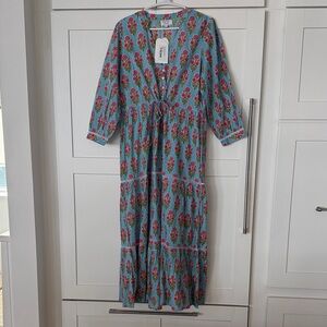 Blue Floral Tie-Waist Maxi Dress with Pink Pattern